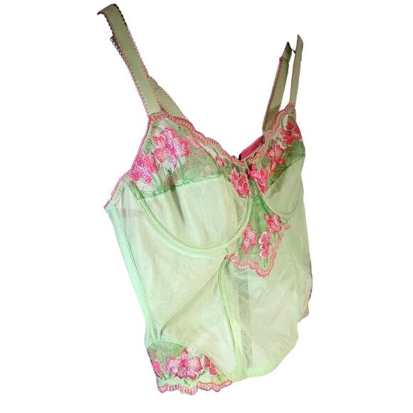 CACIQUE 18/20 Lime Pistachio & Pink Floral Embroidered Corset Underwire Bustier - Picture 1 of 8